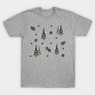 Wintery Pinecone, Snowy Tree and Stars Pattern Digital Illustration T-Shirt